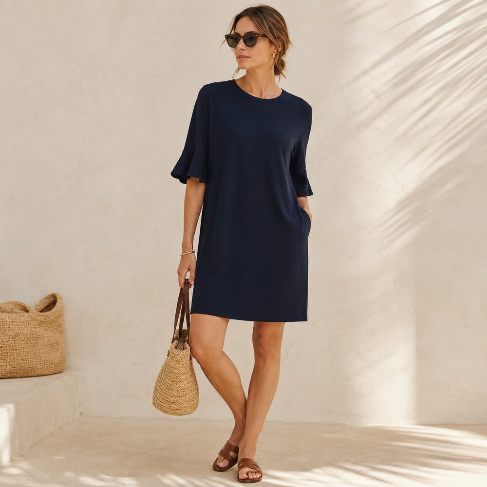 COS Women's SZ L Navy Fine Gauge Stretch Knit Shift Dress